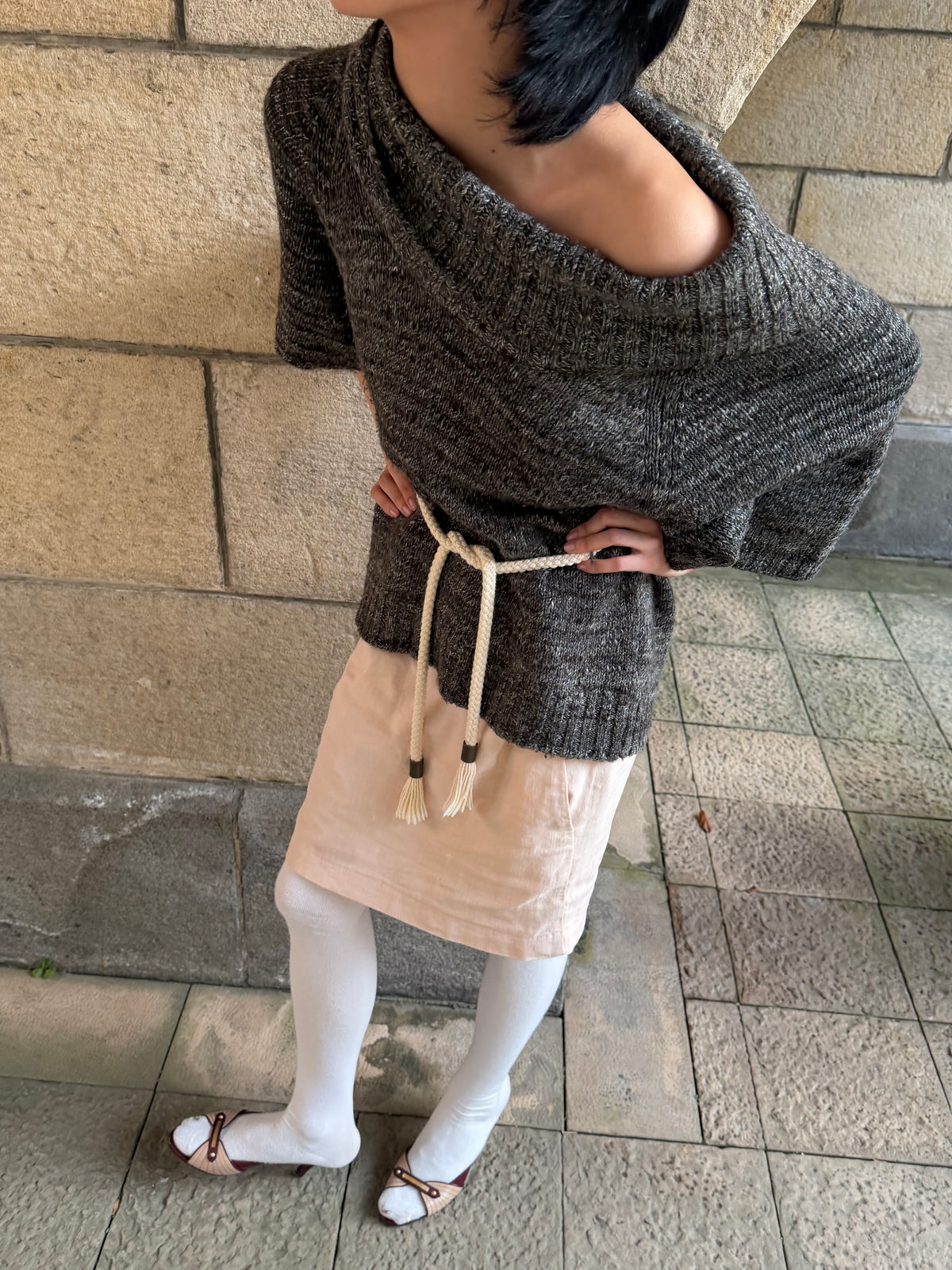 Oversized Half-Sleeve Knit Sweater