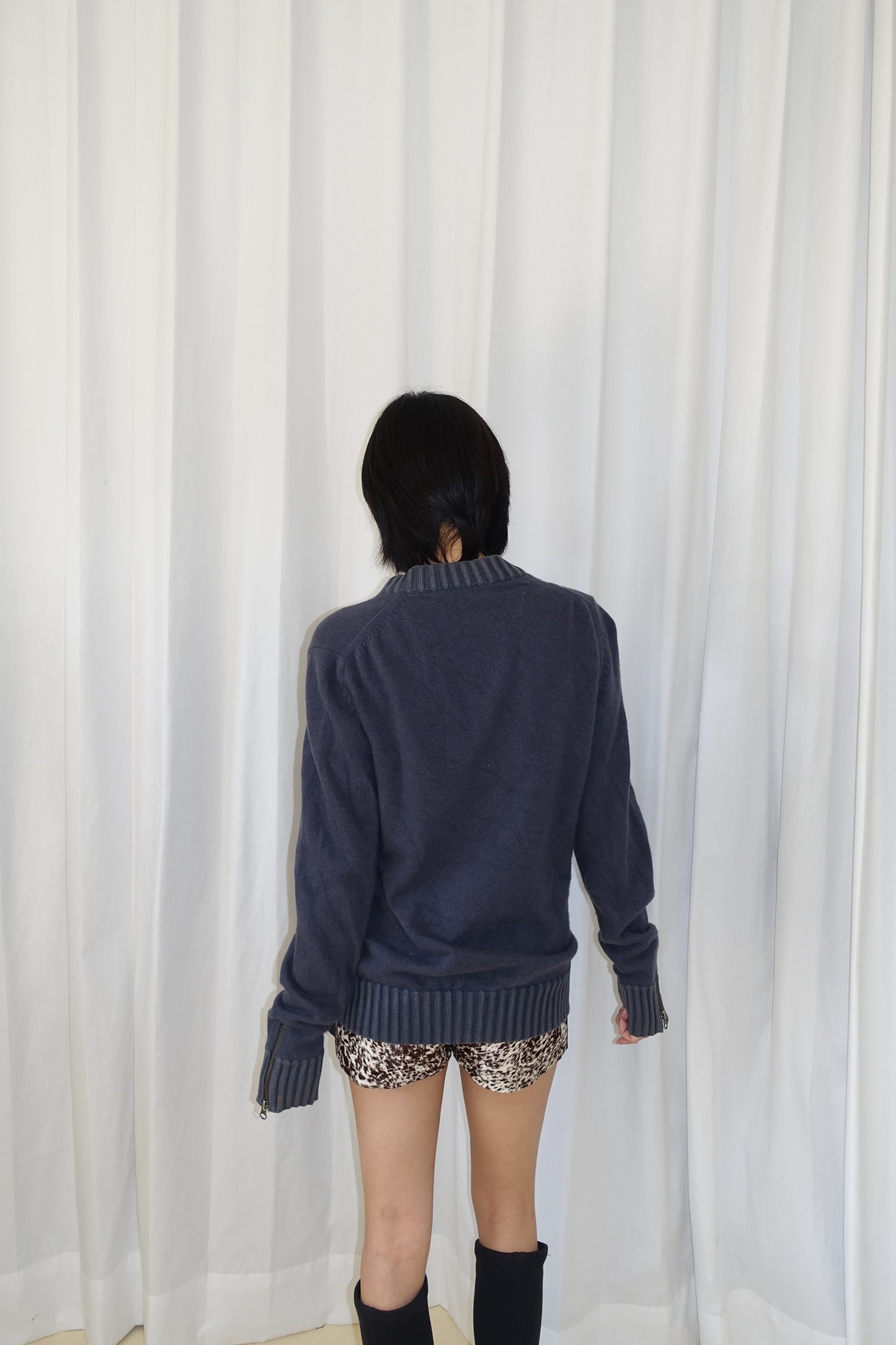 Charcoal blue zip-up knit sweater