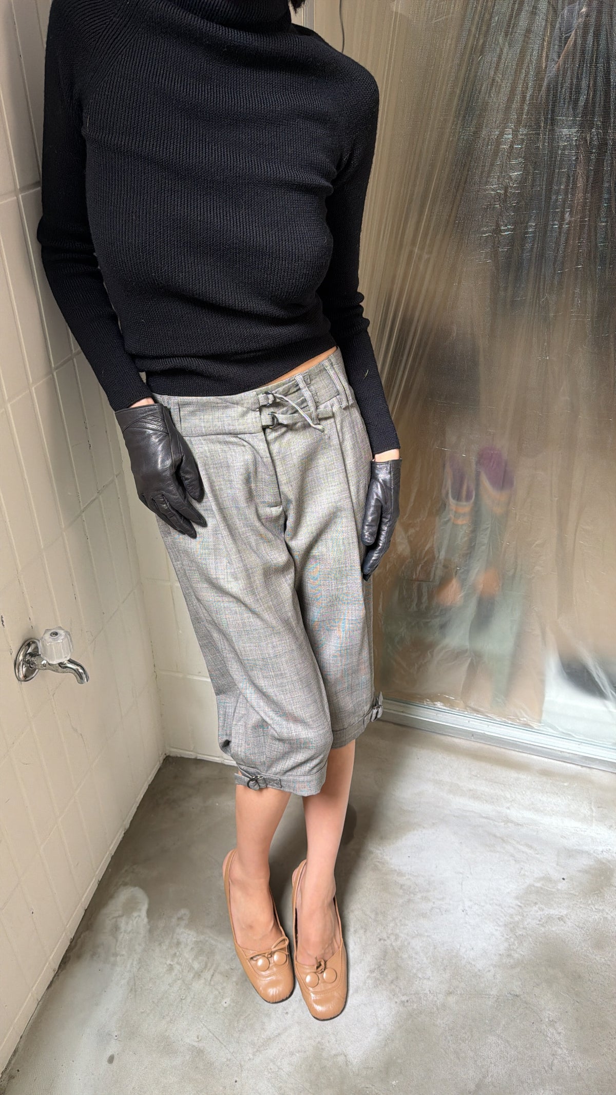 Grey Plaid Cropped Pants