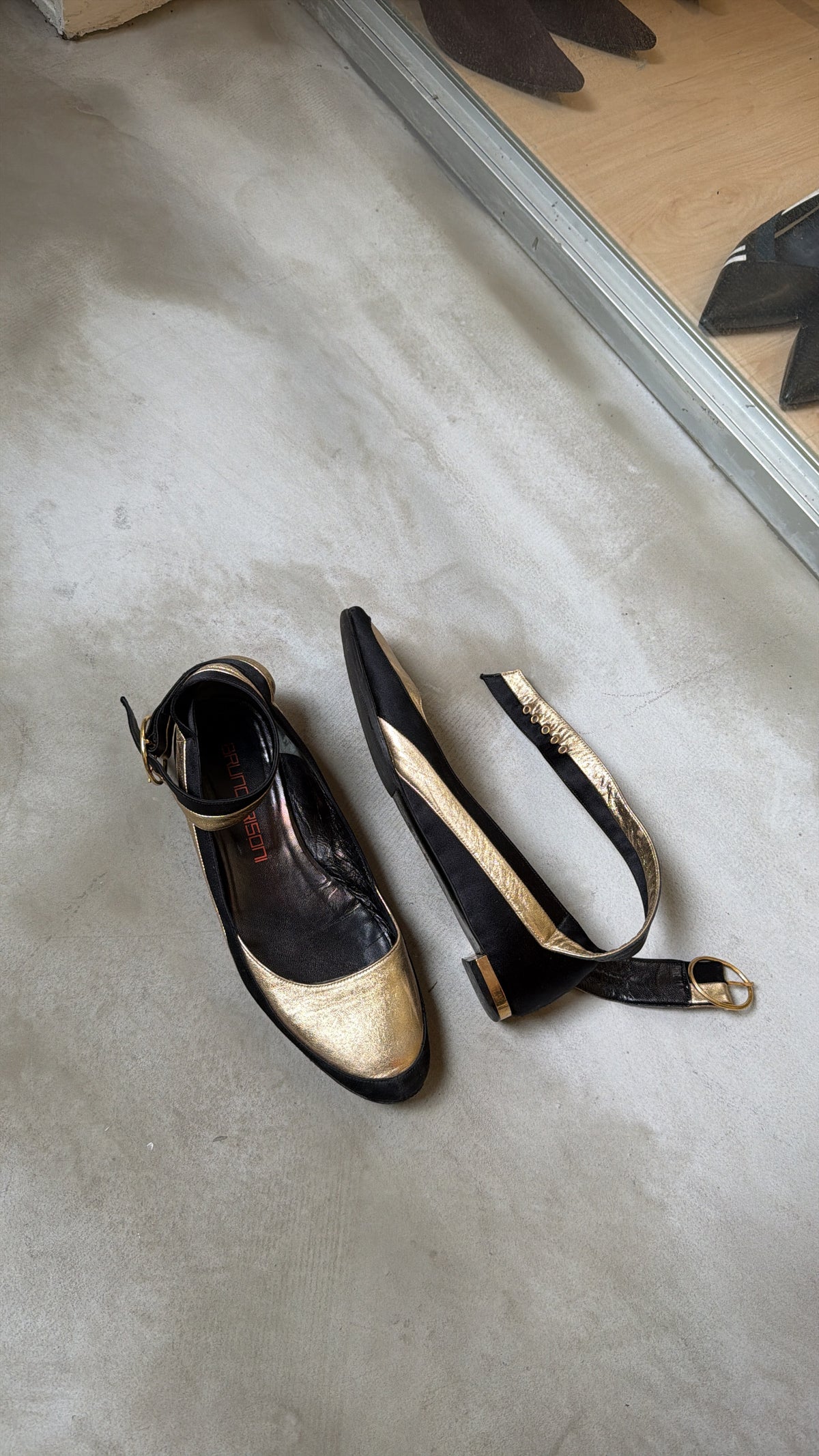 Bruno Frisoni Gold & Black Mary Jane Flats