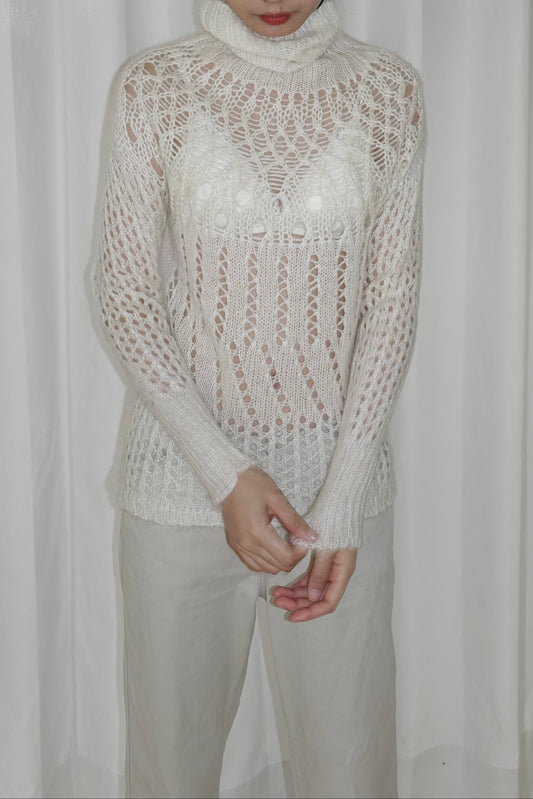 Italian-made white sheer open-knit