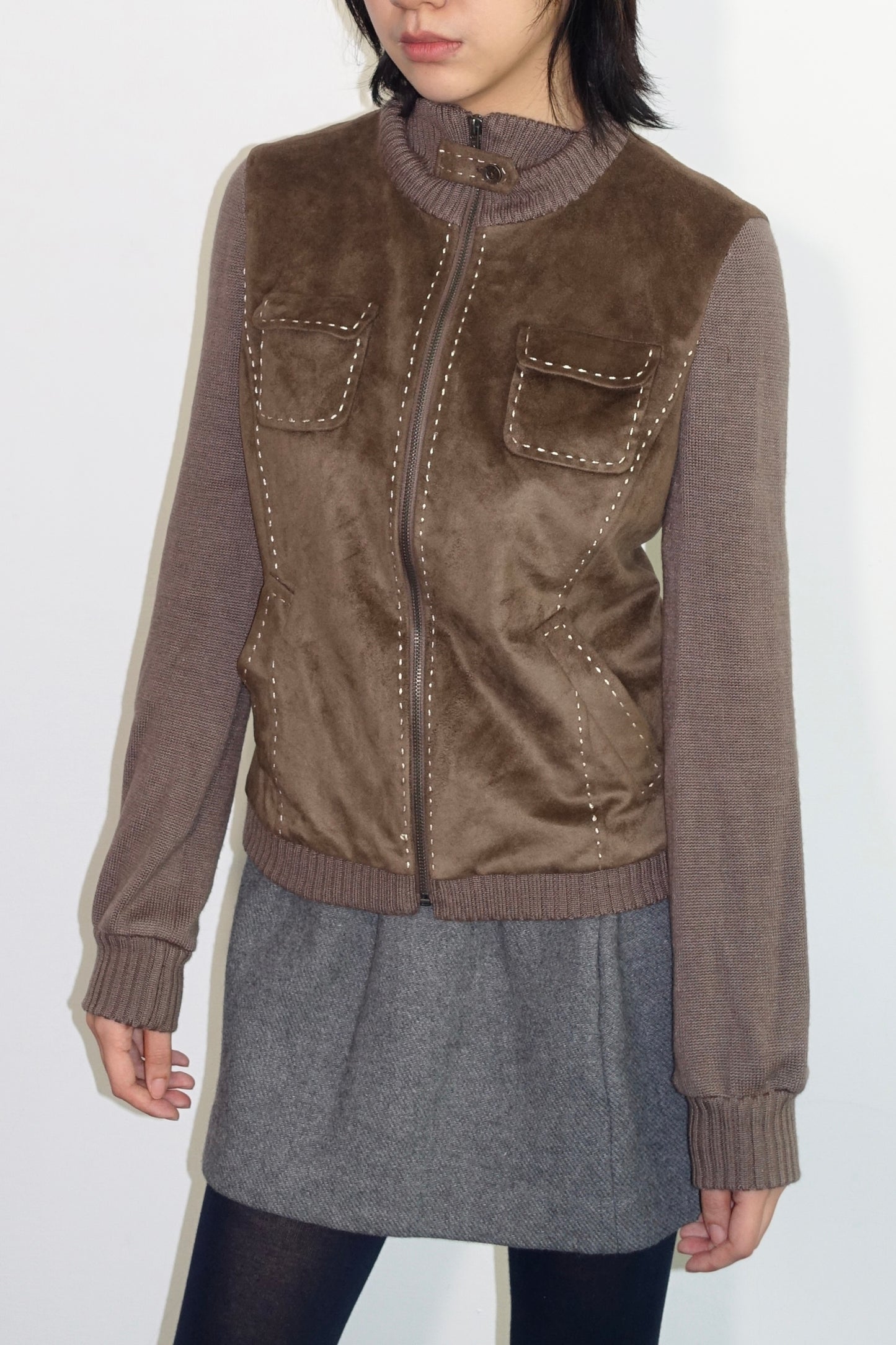 Zip-up suede knit jacket