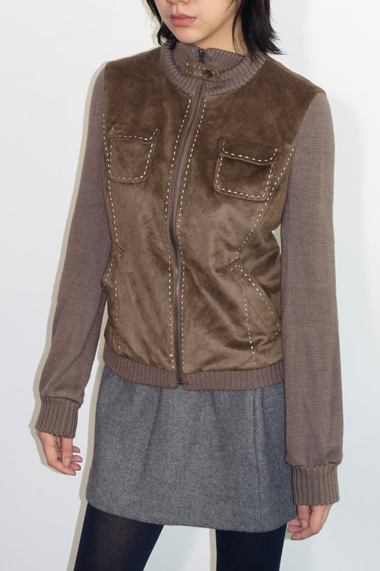 Zip-up suede knit jacket