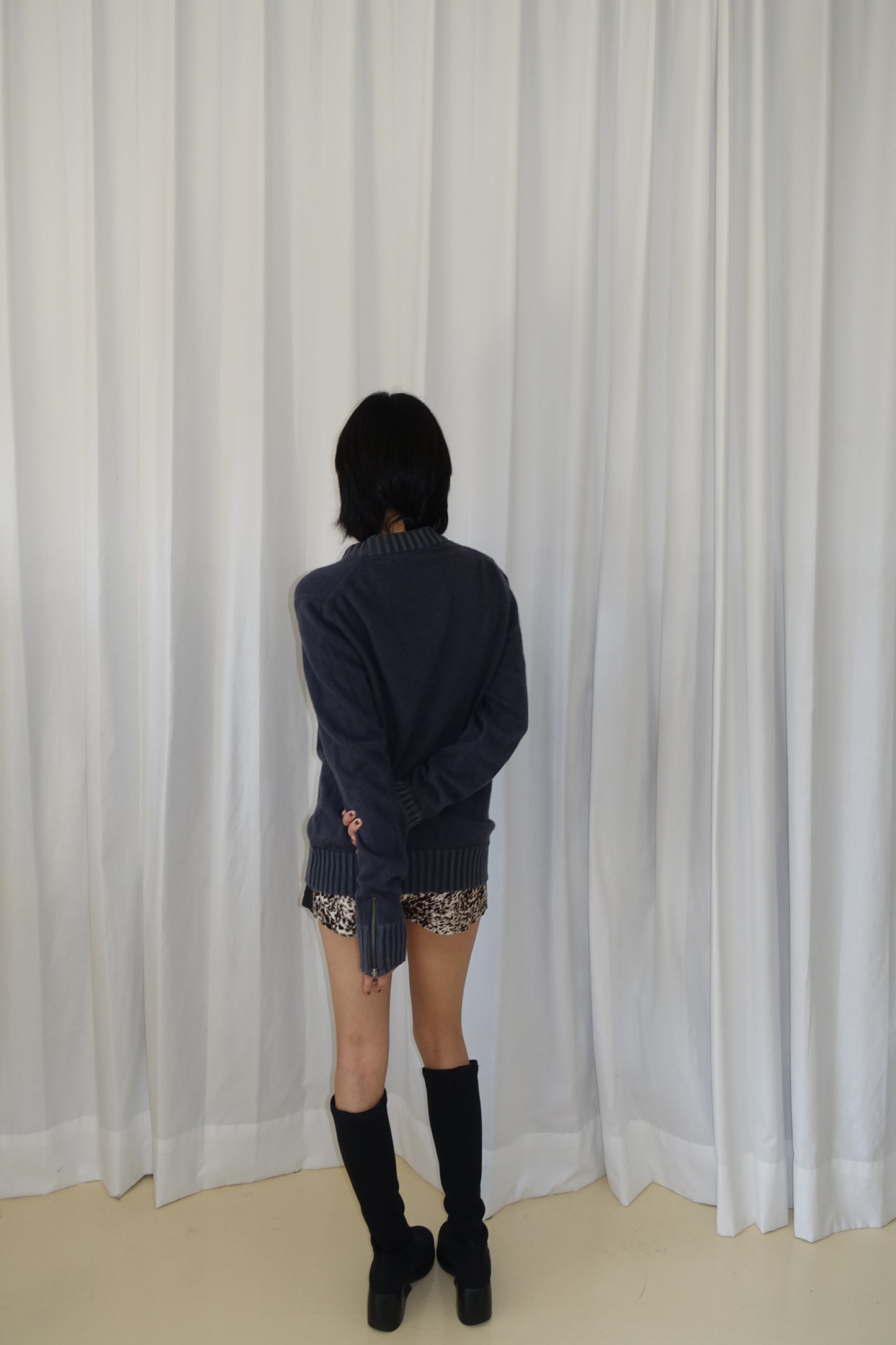 Charcoal blue zip-up knit sweater