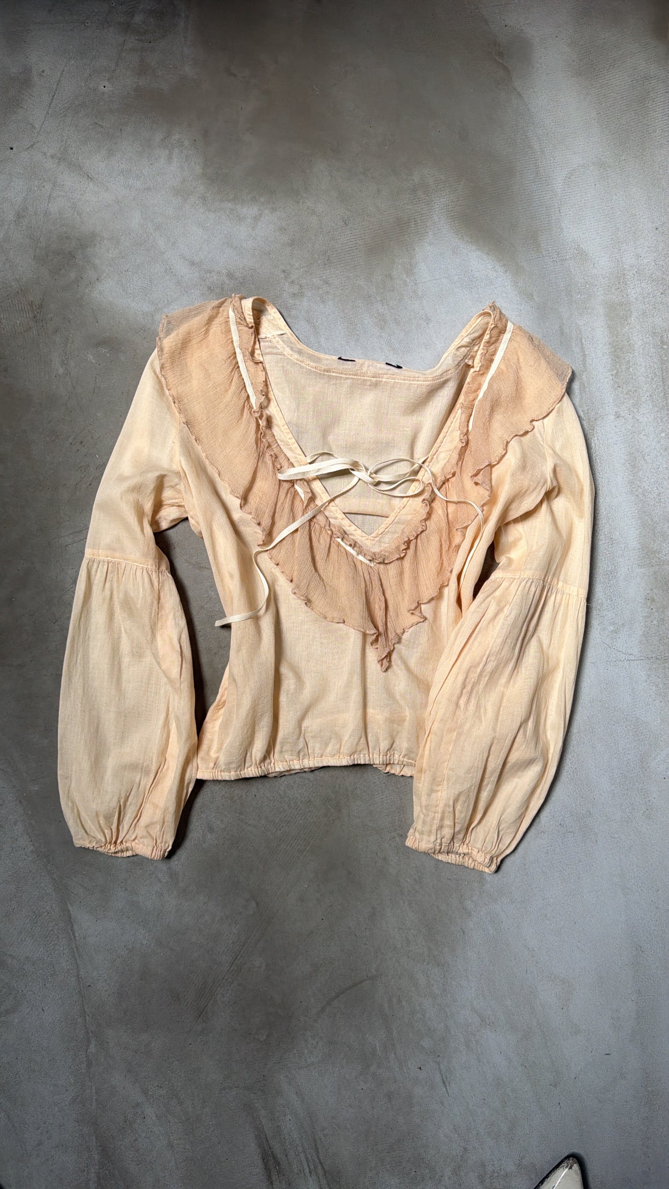 Cream Lace-Up Ruffle Blouse