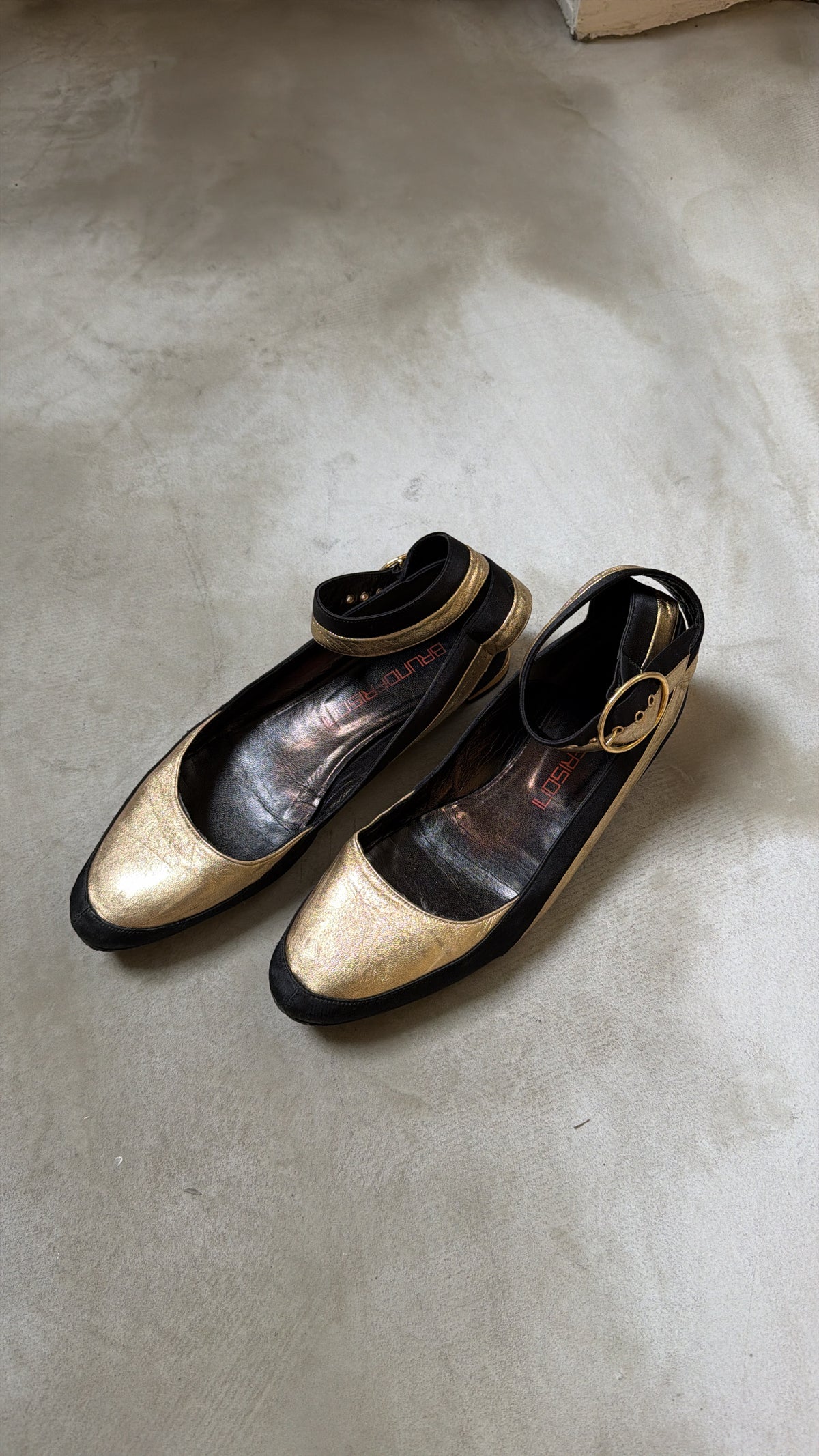 Bruno Frisoni Gold & Black Mary Jane Flats