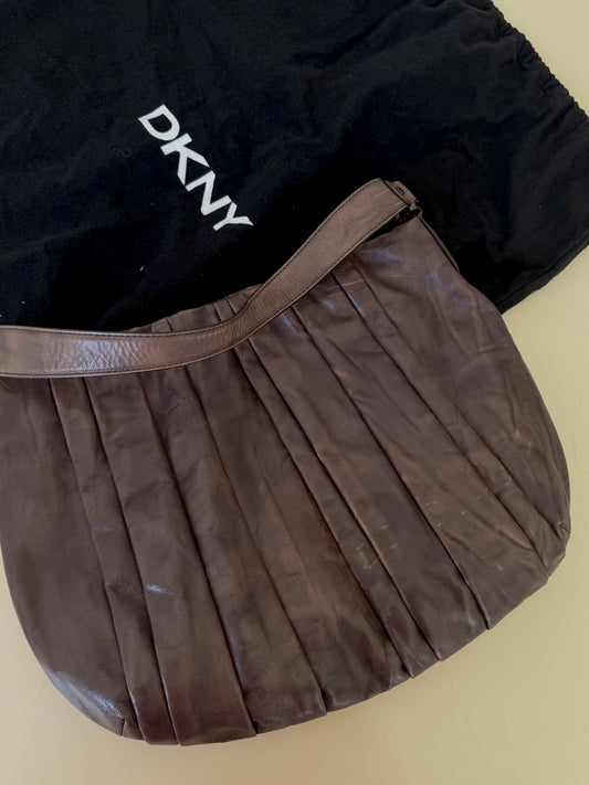 DKNY ruched leather bag灰棕皺褶真皮肩背包