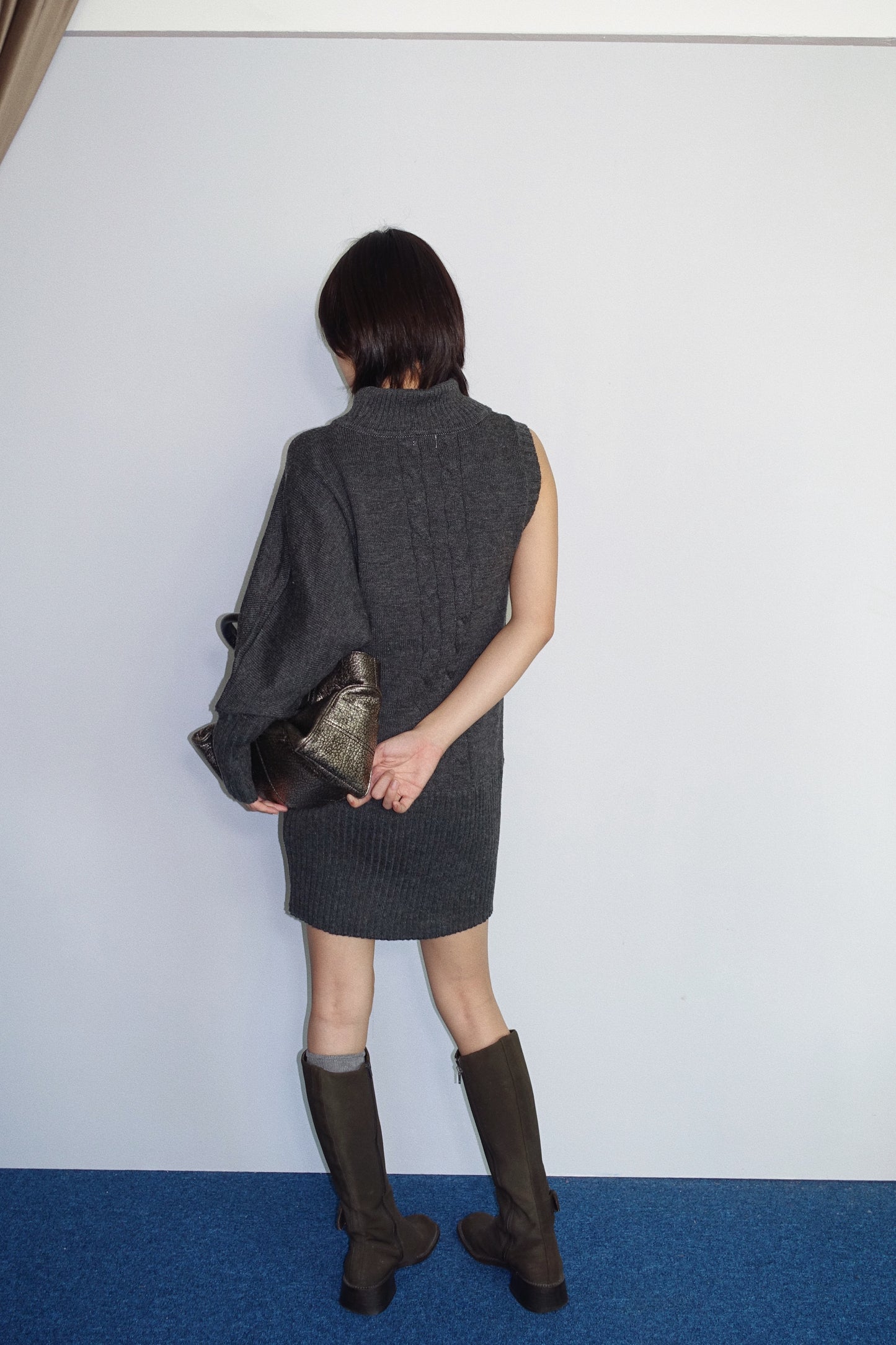 Grey long knit dress w/ one long sleeve