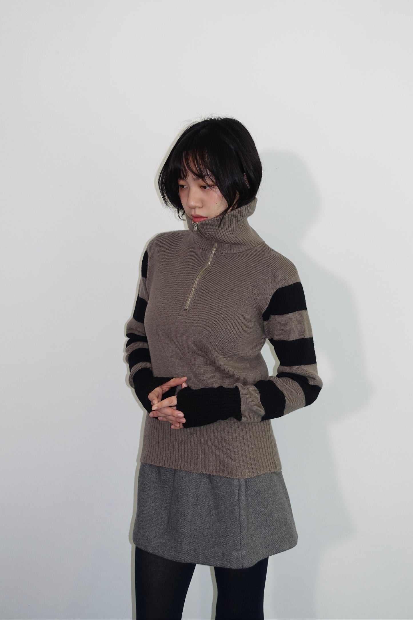 Zip-neck 條紋長袖毛衣