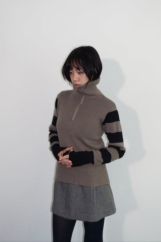 Zip-neck 條紋長袖毛衣