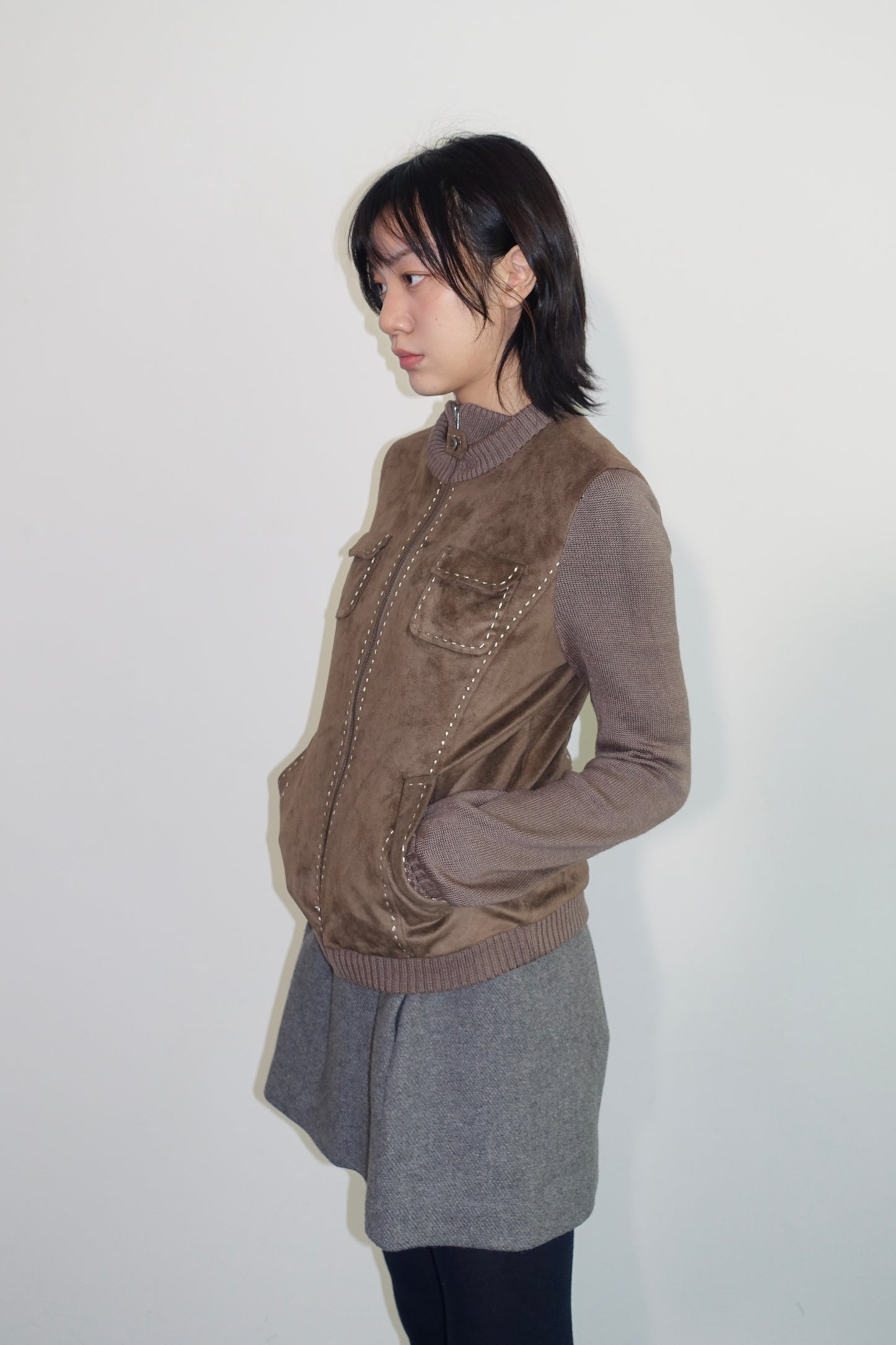 Zip-up suede knit jacket
