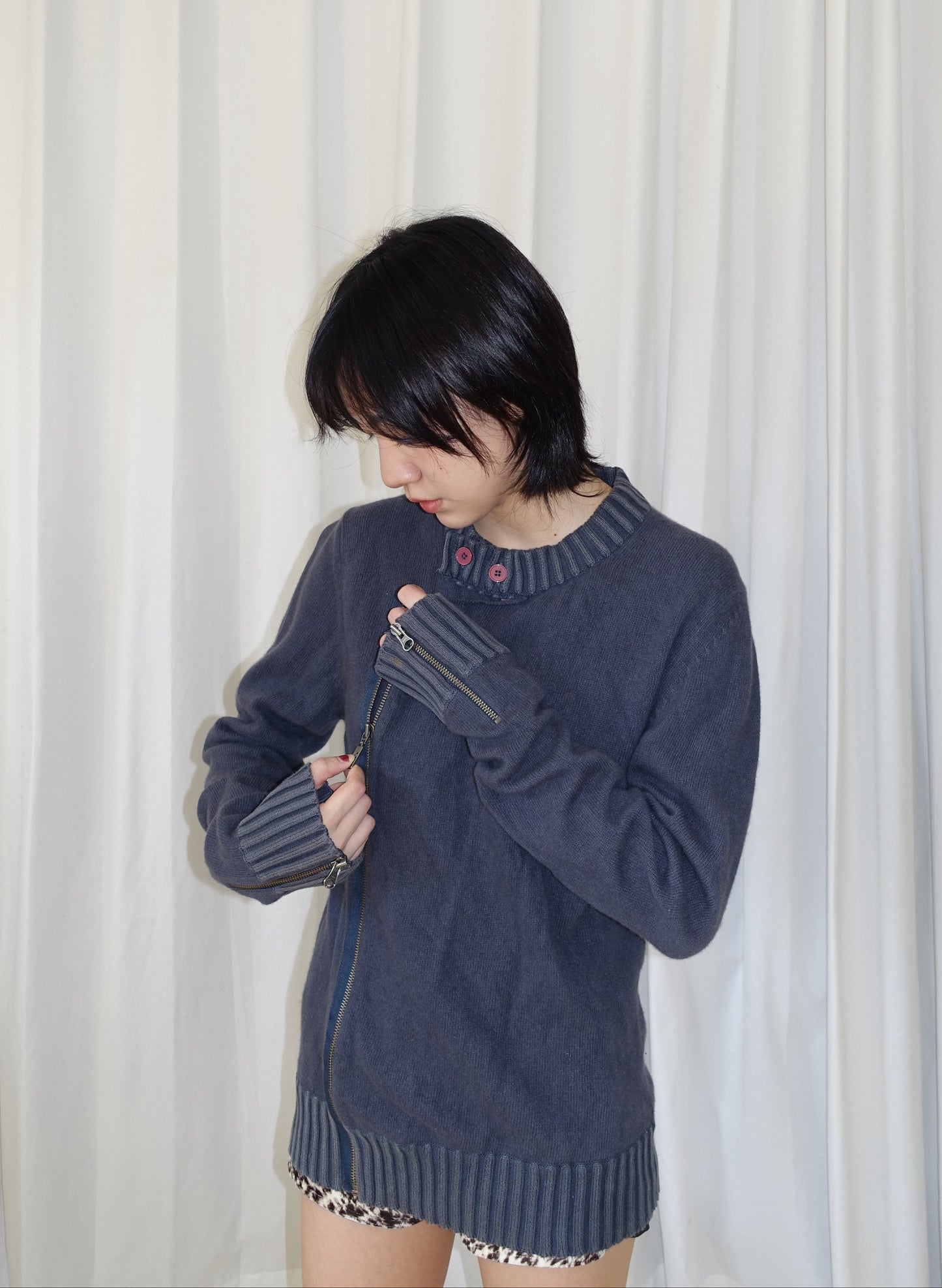 Charcoal blue zip-up knit sweater