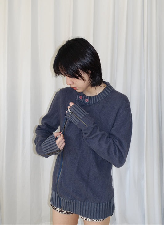 Charcoal blue zip-up knit sweater