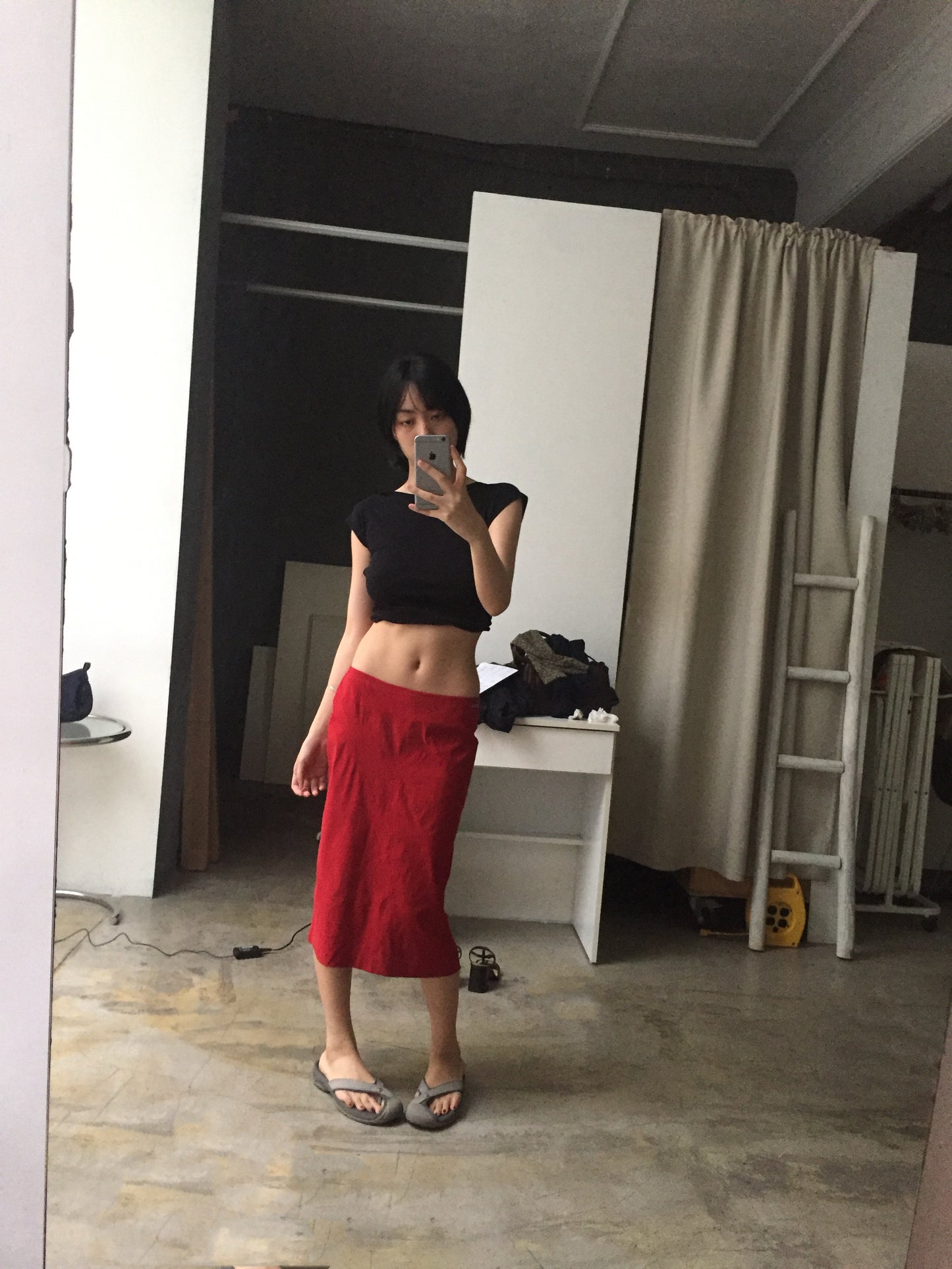 French brand red midi skirt